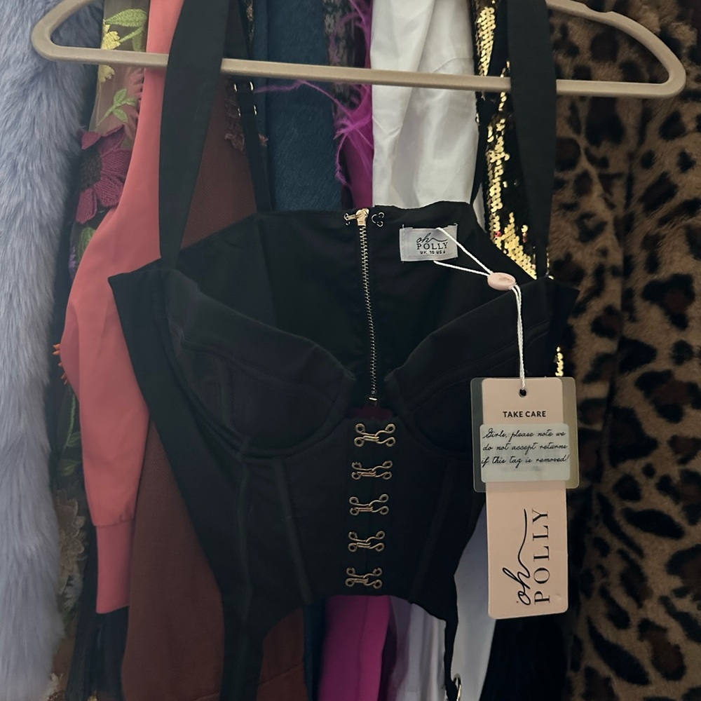 Oh Polly Black Corset Crop Top with Front Hook Detail